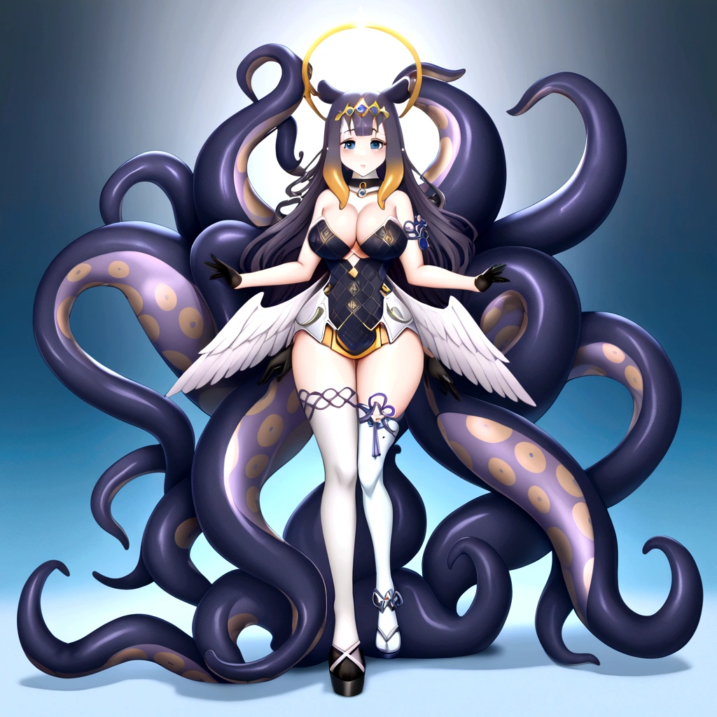 inapriestess, strapless dress, single thighhigh, single detached sleeve, black gloves, low wings, halo, detailed octopus tentacles, mole under eye, big breasts, 4 arms, full body.