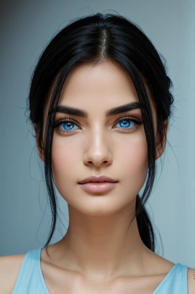 A woman with black hair, light blue eyes, a sexy face with fine features, rather large lips, a normal sized nose, long eyelashes 