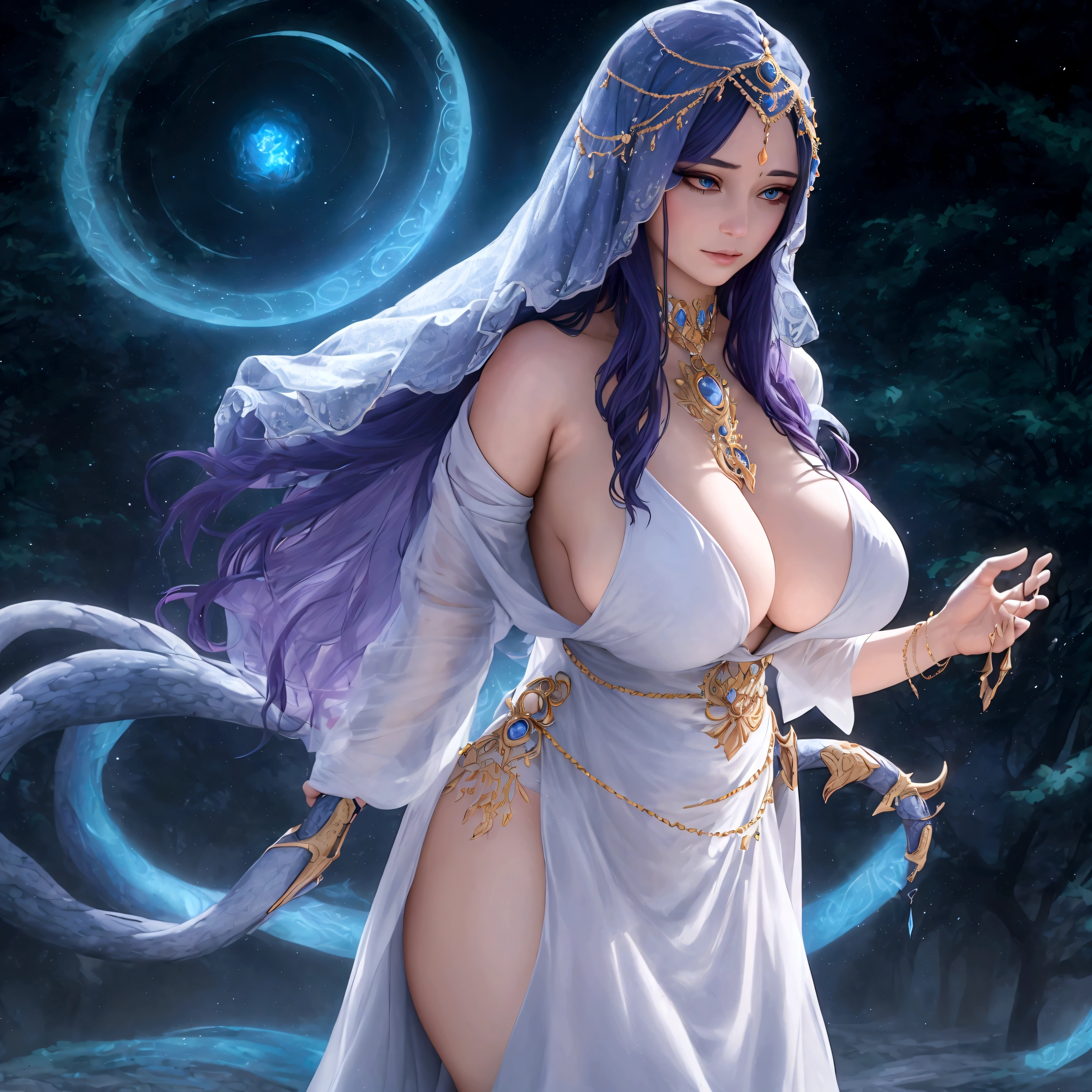 (best quality,4k,highres,masterpiece:1.2),ultra-detailed,(realistic:1.37)
A mature curvaceous Malaysian woman with her age at 40, dressed in a hijab that covers all of her hair, is standing in the center of a mystical scene. She is wearing a beautiful silk magic gown that shimmers with an otherworldly glow. The gown flows gracefully around her figure, accentuating her curves and adding an air of elegance to her presence.
The woman is a witch, strong and knowledgeable in the mystic arts. She stands confidently with her hands raised, as if channeling her magical powers. Around her, a magic circle adorns the ground with intricate symbols and glowing sigils. The circle is made from a combination of runes and arcana, pulsating with energy in vibrant colors of blues and purples.
As the woman continues her summoning, a mythical monster starts to materialize from within the magic circle. The creature is a magnificent being, towering with a majestic presence. Its body is covered in shimmering scales, reflecting the light around it in a mesmerizing display. The creature's form is a combination of various animals, with wings of an eagle, the tail of a serpent, and the head of a lion.
The scene is bathed in an ethereal light, reminiscent of moonlight casting an enchanting glow. The soft illumination illuminates the woman's face, revealing a calm and focused expression. Her eyes emit a glimmer of magic, while her lips are curved in determination.
The background is an enchanted forest, with towering trees reaching towards the sky. The forest is filled with vibrant foliage, casting shadows and adding layers of depth to the overall composition. The air is filled with an aura of mystery and anticipation, as if the entire world holds its breath in awe of the imminent manifestation.
The color palette of the scene is rich and vivid, with deep shades of blues and purples dominating the overall tone. The contrasting warm hues of the woman's gown provide a beautiful balance and creat
