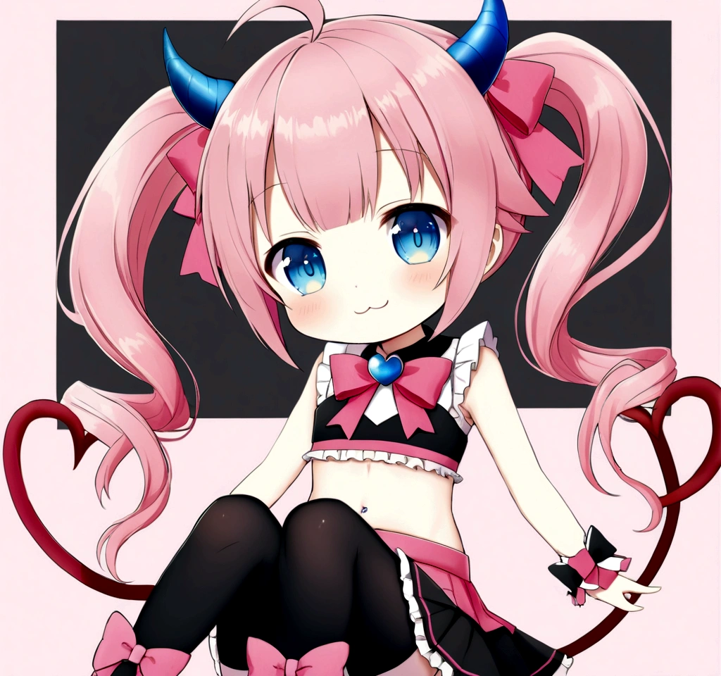 ((chibidoki)), pink hair, long hair, twin tails, ribbons, bangs, ahoge, bangs, horns, blue horns, bow, neck bow, sleeveless, skirt, bellybutton, crop top, tail, heart tail, devil tail, knee high stockings, pink shoes, blue eyes, smile, :3