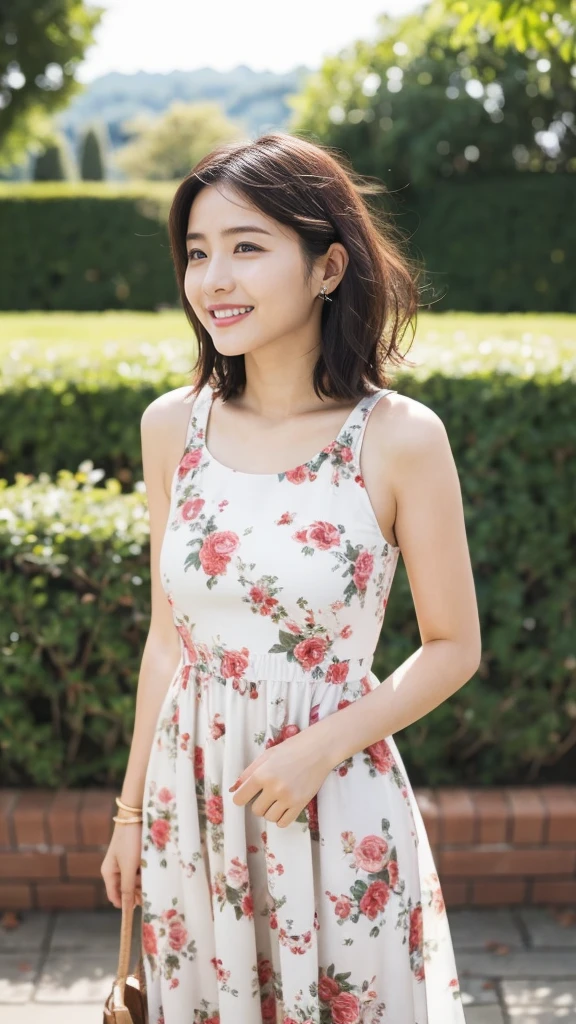 masterpiece, highest quality, disorganized, perfect anatomy, 1 girl, alone, pascal tales, short hair, beautiful, Hilarious, sunny day, botanical garden, Summer winds, sundress, Floral, wavy hair, smile