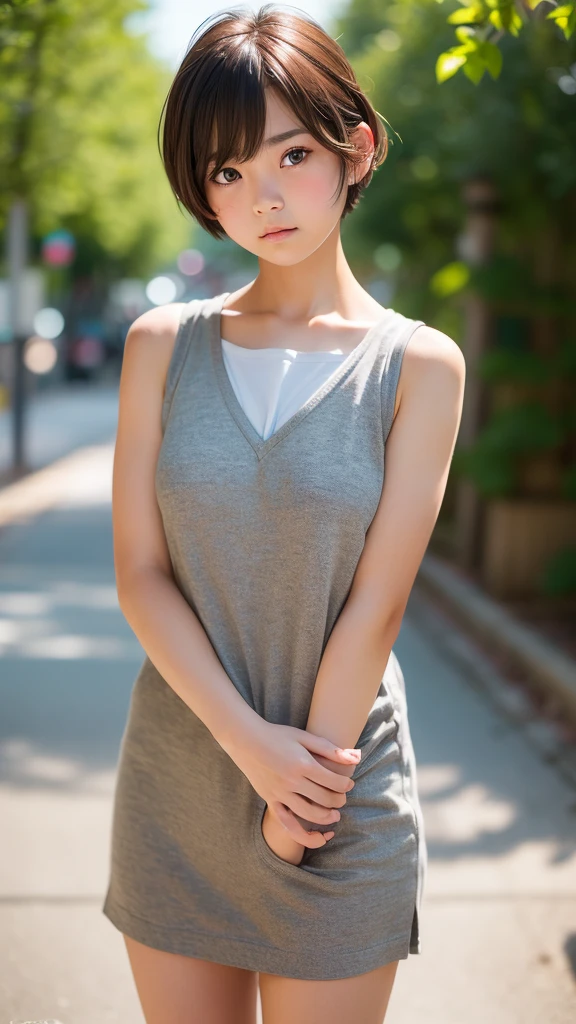 ((sfw: 1.4)), ((sfw, extra short hair, sidelocks-hair, 1 Girl)), Ultra High Resolution, (Realistic: 1.4), RAW Photo, Best Quality, (Photorealistic Stick), Focus, Soft Light, ((15 years old)), ((Japanese)), (( (young face))), (surface), (depth of field), masterpiece, (realistic), woman, bangs, ((1 girl))