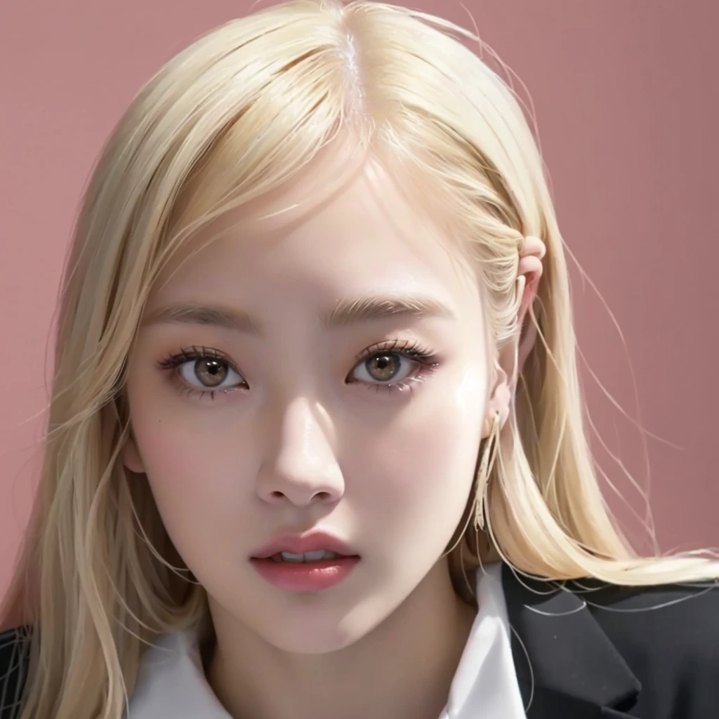 Blond hair girl in white shirt and black jacket looking at camera, pale oval face, with oval face, She has a pretty face, Roseanne de BlackPink, her face looks like an orchid, she has a nice expressive face, with round, rosy cheeks, she has a distant expression, park Roseanne de BlackPink, A hyperrealist , portrait of Roseanne de BlackPink