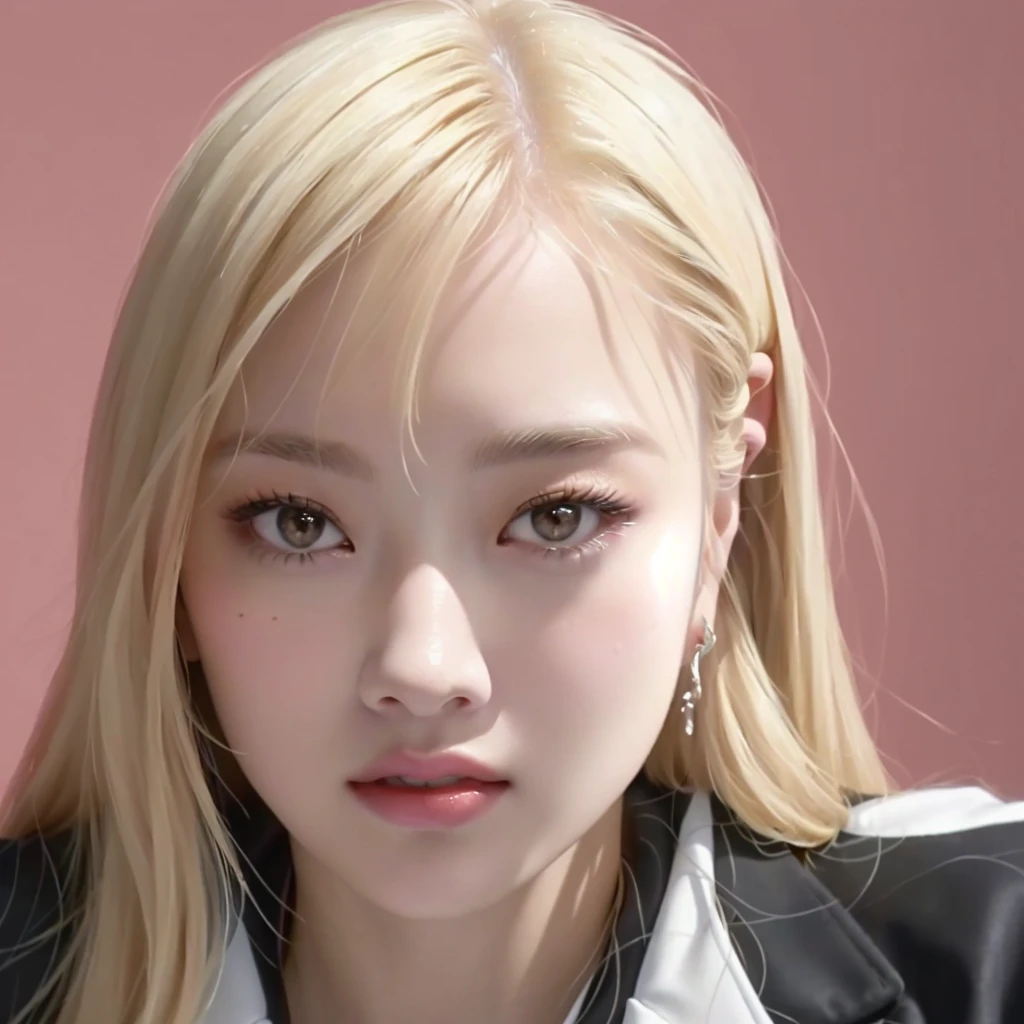 Blond hair girl in white shirt and black jacket looking at camera, pale oval face, with oval face, She has a pretty face, Roseanne de BlackPink, her face looks like an orchid, she has a nice expressive face, with round, rosy cheeks, she has a distant expression, park Roseanne de BlackPink, A hyperrealist , portrait of Roseanne de BlackPink