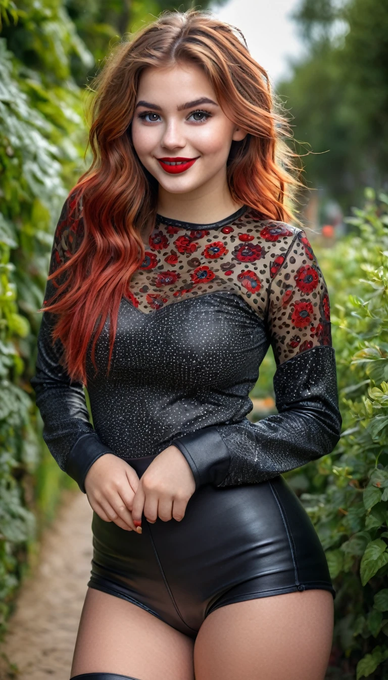 ultrarealistic high quality full body photo of a beautiful super busty slim european 19-year-old woman with cute hyperdetailed shy face and redhead shoulder length messy hair and shy smile, realistic round black eyes, red lips, dark eye makeup with eyeliner, wearing geo-patterned longsleeve and faux leather leggins, hourglass body, tanned, outdoor photography