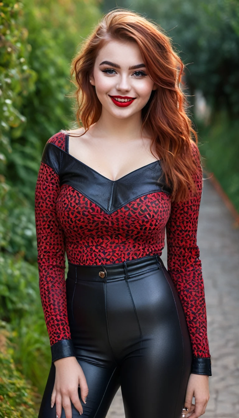 ultrarealistic high quality full body photo of a beautiful super busty slim european 19-year-old woman with cute hyperdetailed shy face and redhead shoulder length messy hair and shy smile, realistic round black eyes, red lips, dark eye makeup with eyeliner, wearing geo-patterned longsleeve and faux leather leggins, hourglass body, tanned, outdoor photography