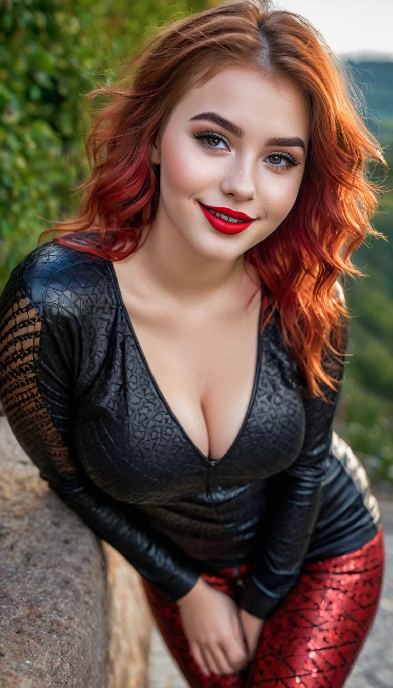ultrarealistic high quality full body photo of a beautiful super busty slim european 19-year-old woman with cute hyperdetailed shy face and redhead shoulder length messy hair and shy smile, realistic round black eyes, red lips, dark eye makeup with eyeliner, wearing geo-patterned longsleeve and faux leather leggins, hourglass body, tanned, outdoor photography