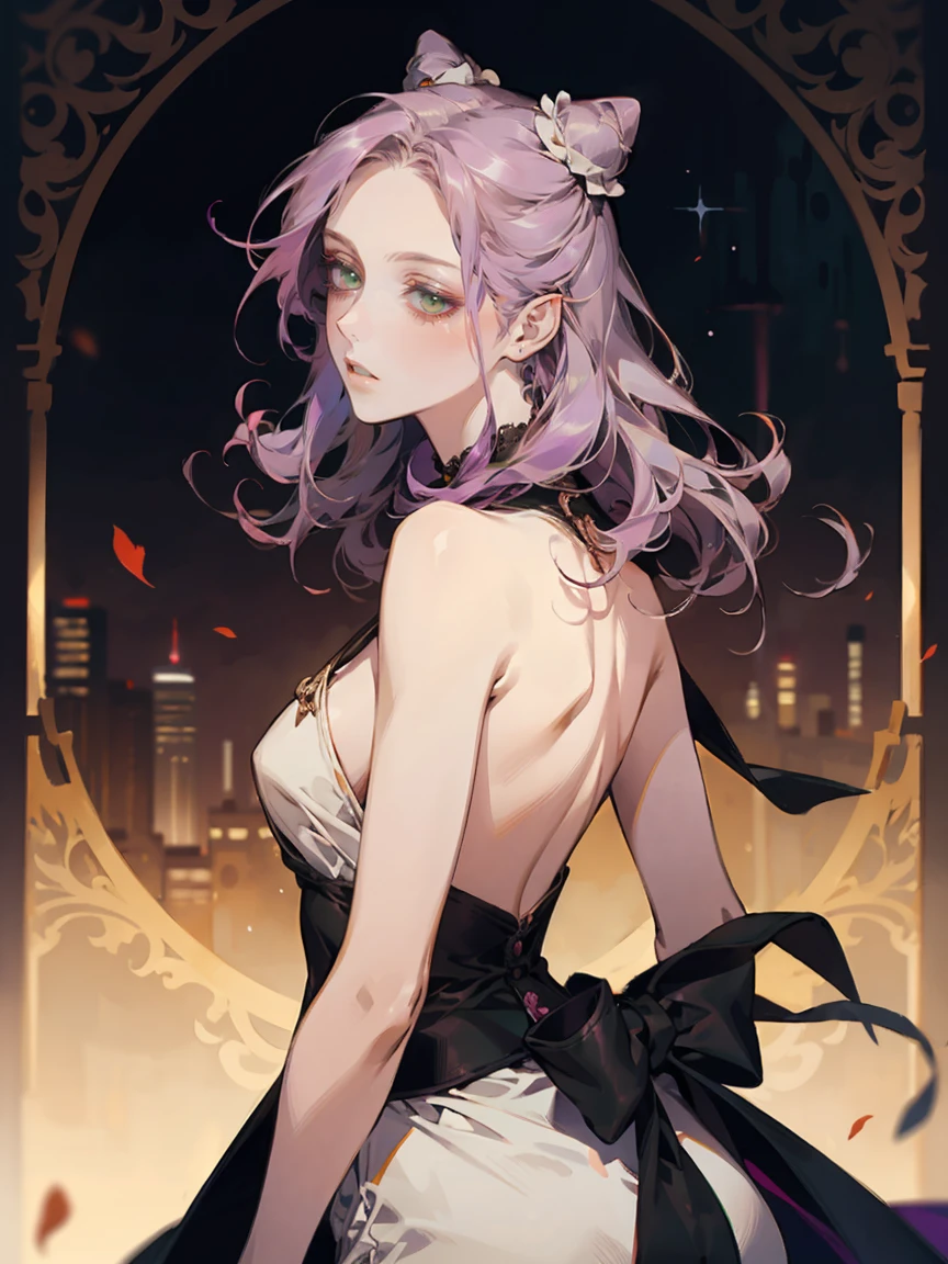 Beautiful, elegant girl with purple hair, green eyes and pale skin. Her hair is long and curly, she has two cute buns on the sides. She's an elf. elf ears. She has a thoughtful expression on her face. Black background.