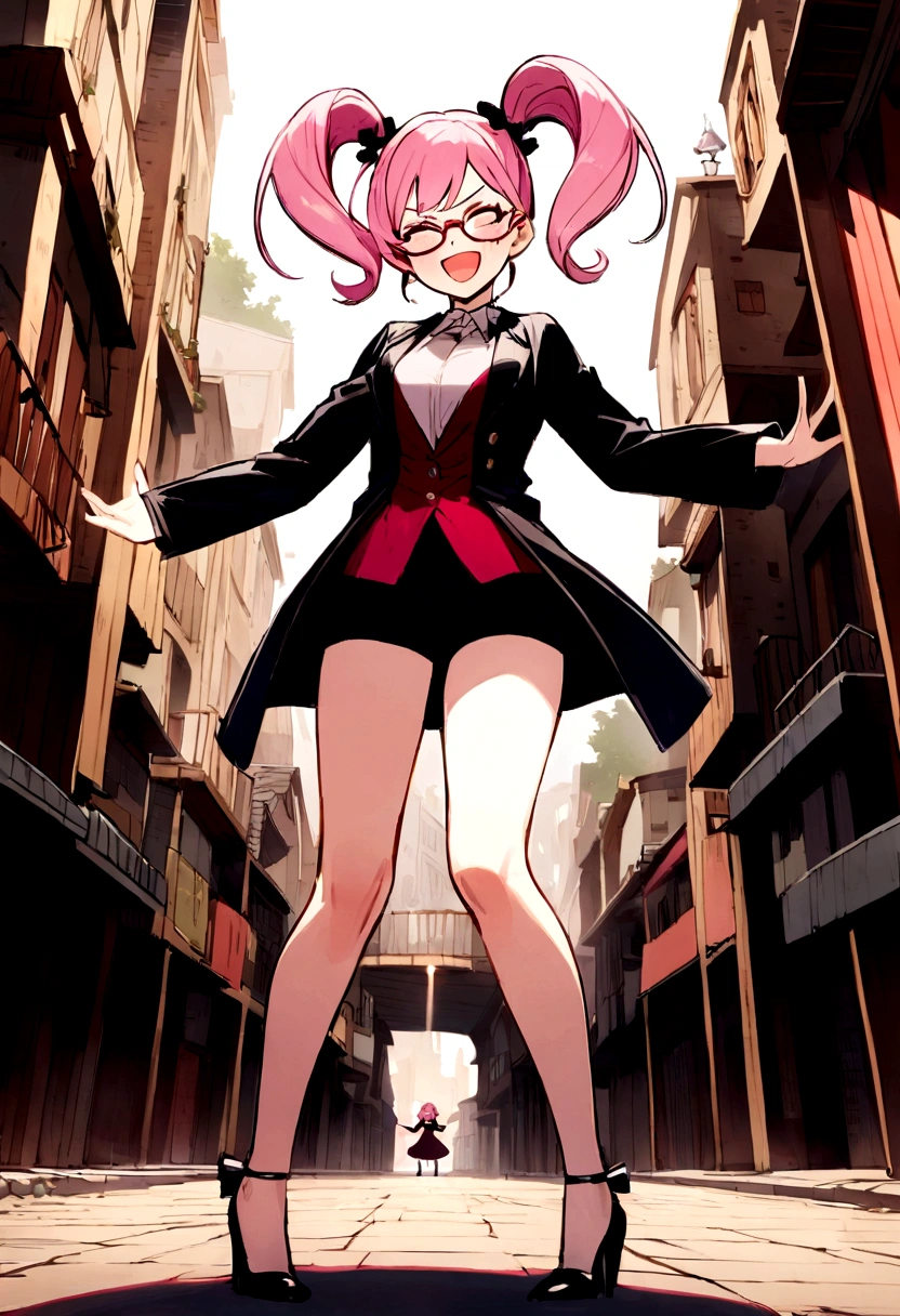 Pink hair woman with long dark jacket with glasses and dark pants with heels and she is happy and angry and with her daughter