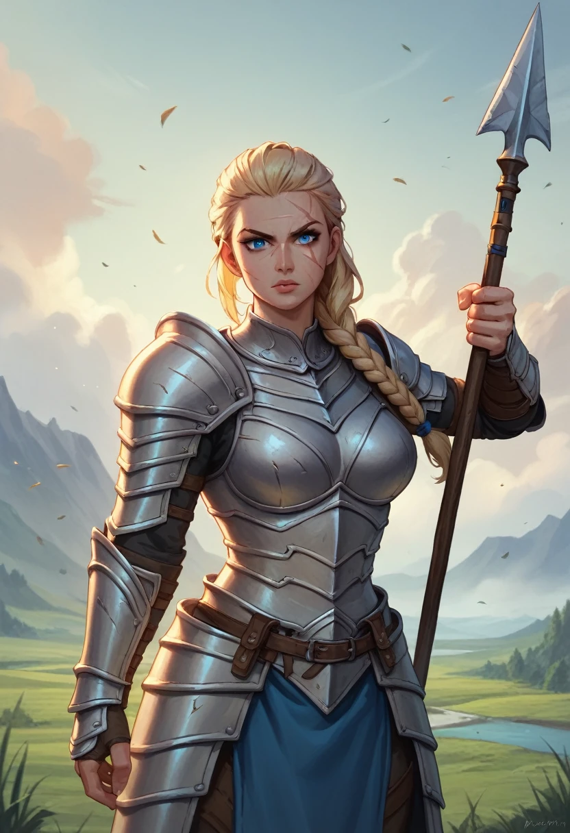 warrior, armors, epic, epic scenery, (work of art, high qualiy, best qualityer:1.3), detailded, warrior woman, silver armor, blue colored eyes, 170cm tall, (braided ponytail:1.2), single braid, (hair blonde:1.1), (heavy upper lips:1.1), (body full of scars:1.2) 25 year old woman holding a spear, Flying hair, Linda, curvy body, Epic battle pose.