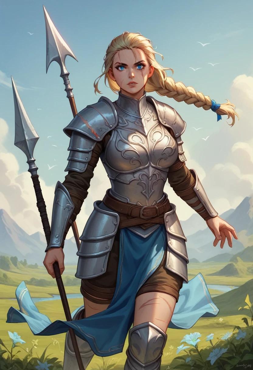 warrior, armors, epic, epic scenery, (work of art, high qualiy, best qualityer:1.3), detailded, warrior woman, silver armor, blue colored eyes, 170cm tall, (braided ponytail:1.2), single braid, (hair blonde:1.1), (heavy upper lips:1.1), (body full of scars:1.2) 25 year old woman holding a spear, Flying hair, Linda, curvy body, Epic battle pose.