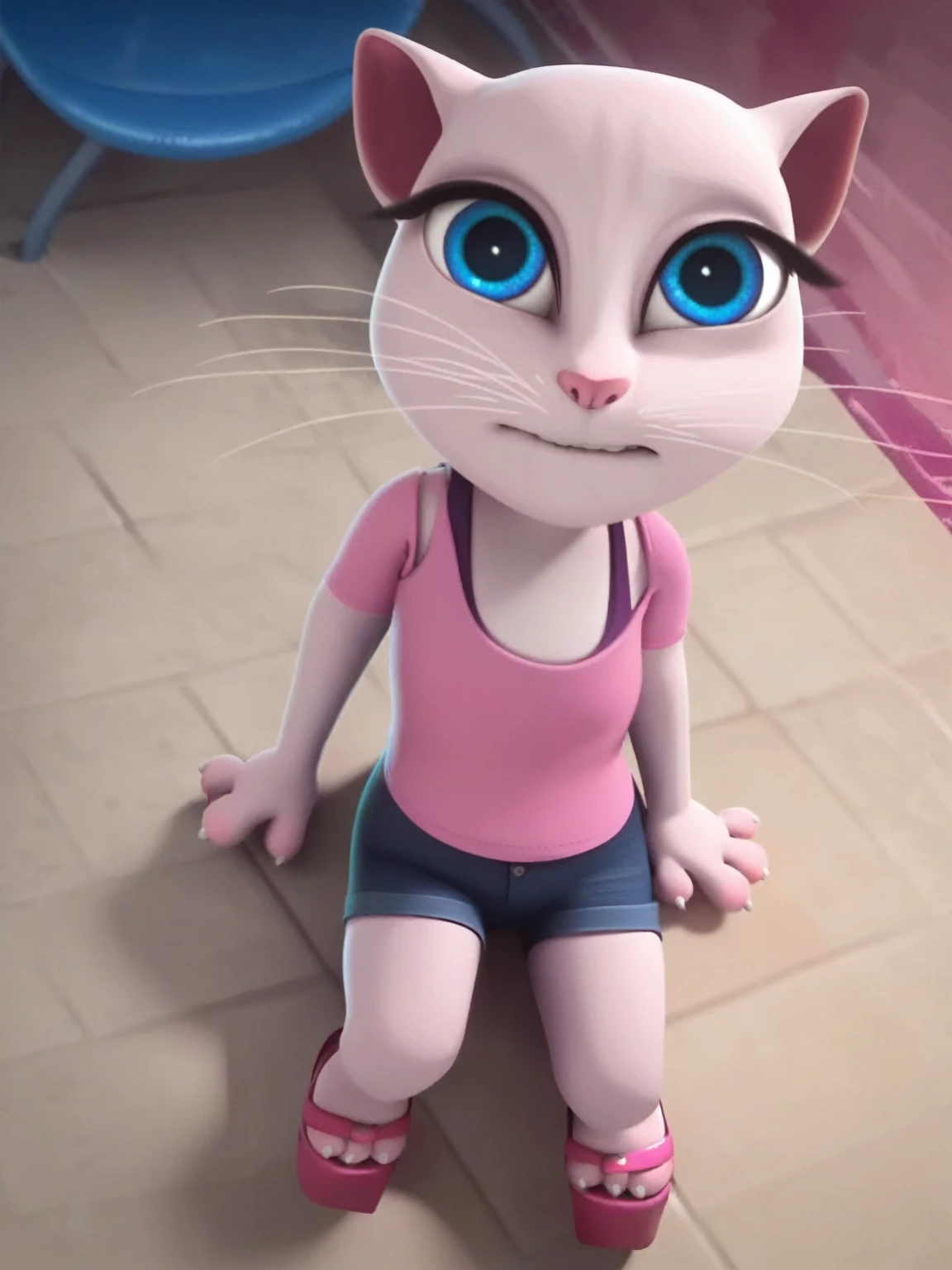 solo focus, a_la, 1girl, cat, white fur, long whiskers on both sides of the face, big bright blue eyes, big black eyelashes, small pink nose, triangular ears with pink channels, small breasts, looking at the viewer, sitting on penis, front view, fuck with legs together, platform high heels, score_9, score_8_up, score_7_up