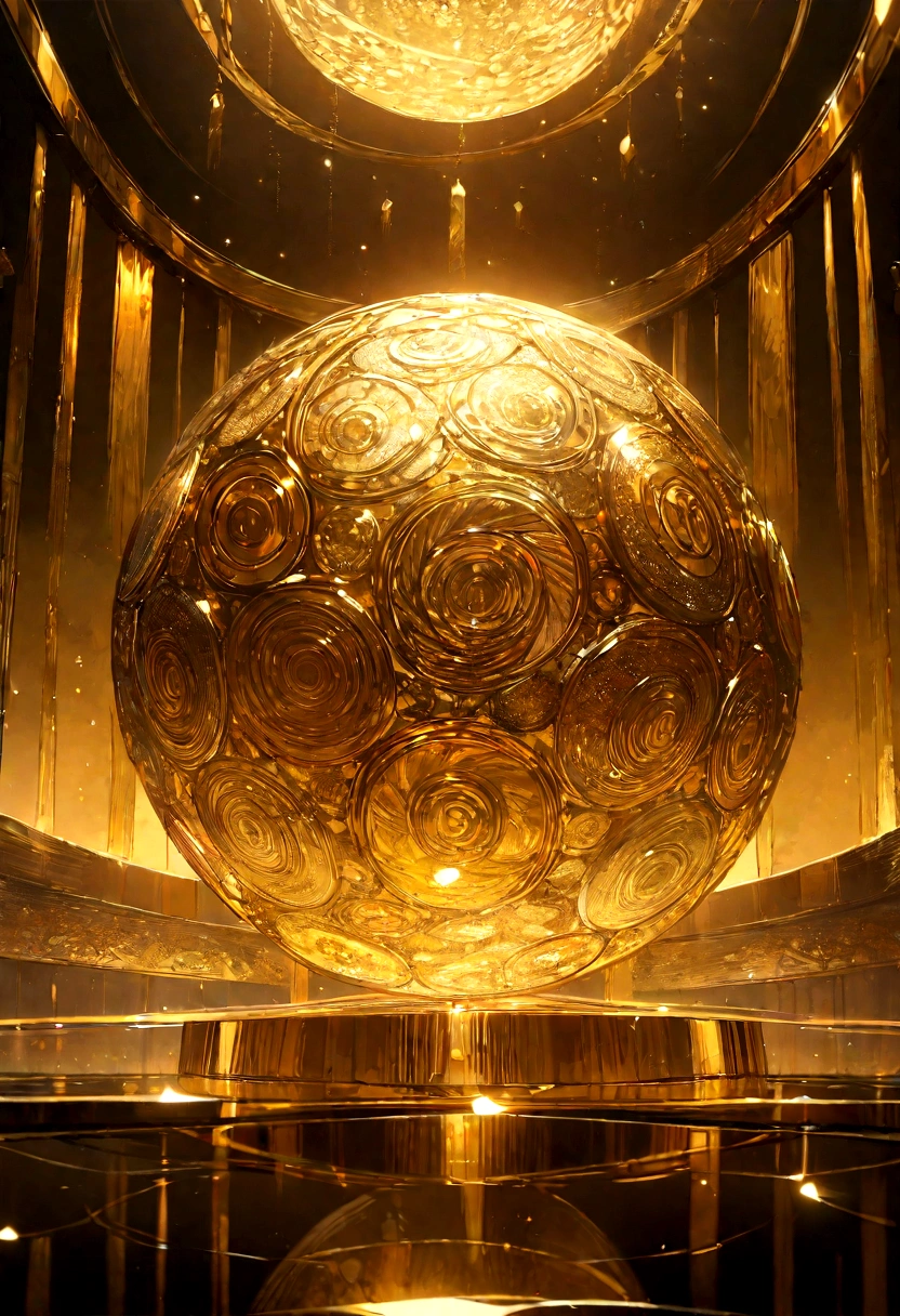 a beautiful detailed golden circle with seven half circles inside, a small golden sphere on top, brilliant gold, illuminated circles, rich textures, metallic sheen, vivid colors, artistic lighting, (best quality,4k,8k,highres,masterpiece:1.2),ultra-detailed,golden,extremely detailed gold circles,gold orb on top of circles,gold texture,shiny surface,reflective,seven half circles in golden color,small golden sphere on top of circles,brilliant gold,illuminated circles,lush textures,metallic luster,vibrant colors,artistic lighting