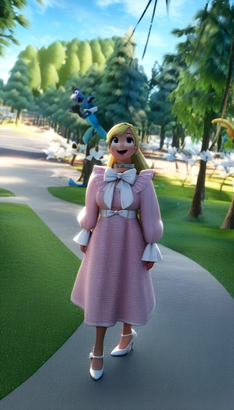 Pixar disney 3d movie cover, illustration a girl (a has blonde hair, wearing a pink dress with a white bow at the collar and high heels), (the setting is a forest full of beautiful trees). She is smiling and happy. (Disney pixar 3d) (highest quallity)