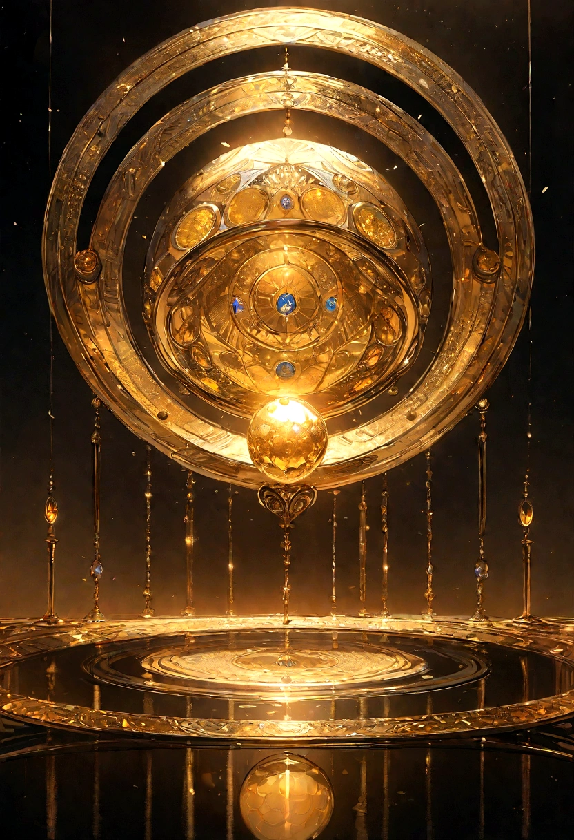 a beautiful detailed golden circle with seven half circles inside, a small golden sphere on top, brilliant gold, illuminated circles, rich textures, metallic sheen, vivid colors, artistic lighting, (best quality,4k,8k,highres,masterpiece:1.2),ultra-detailed,golden,extremely detailed gold circles,gold orb on top of circles,gold texture,shiny surface,reflective,seven half circles in golden color,small golden sphere on top of circles,brilliant gold,illuminated circles,lush textures,metallic luster,vibrant colors,artistic lighting