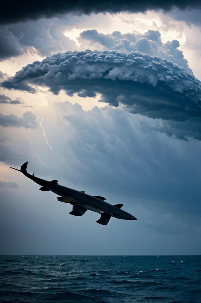 An eel flying over a storm