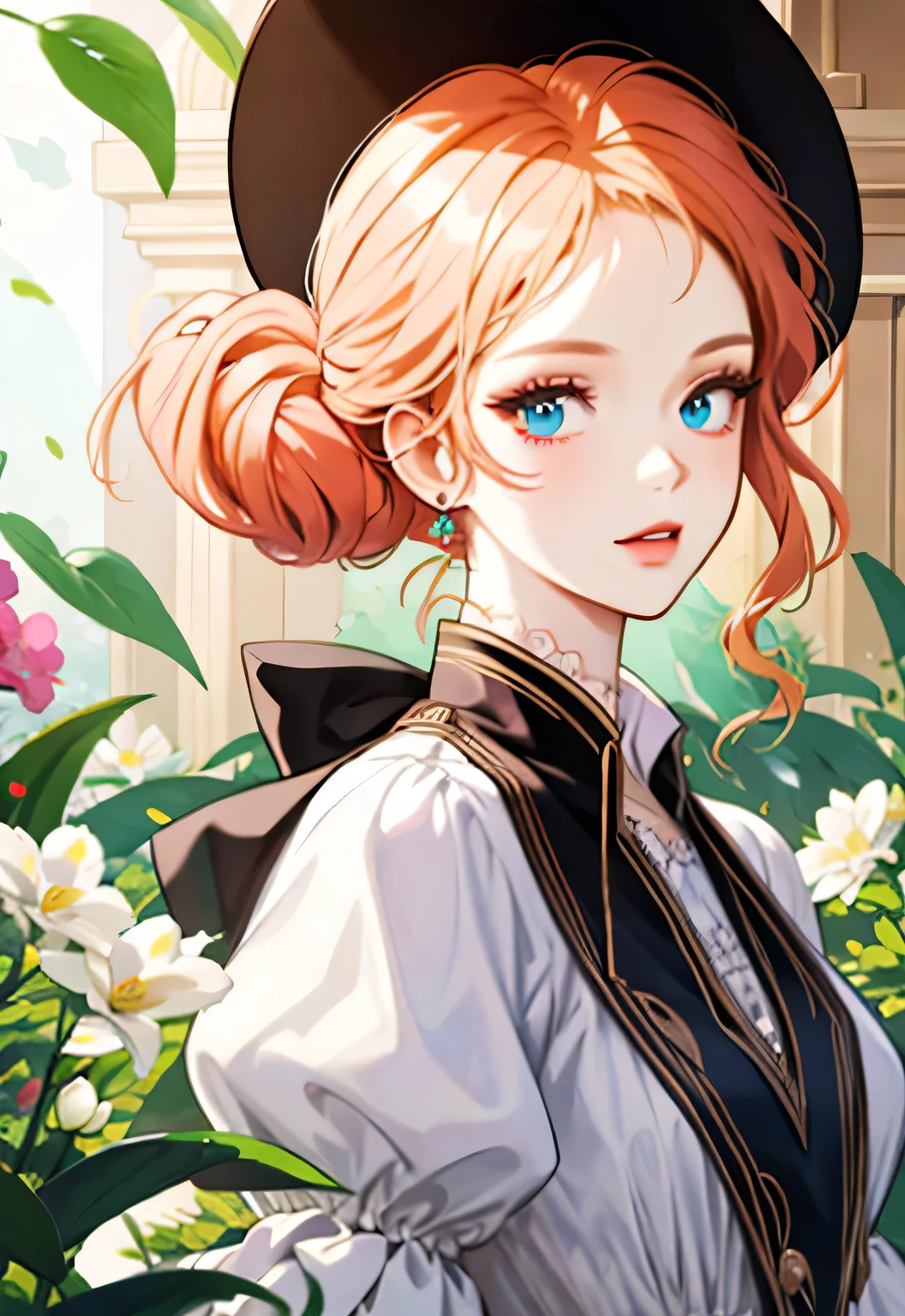 drawing of a woman in a dress and hat with flowers, Rococo queen, Rococo fashion, Rococo style portrait, Anime Modern Korean, Rococo portrait, exquisite digital illustration, baroque digital painting, # Rococo, Rococo art style, Rococo dress, Rococo cyberpunk, Art style not Bowater, Victorian lady