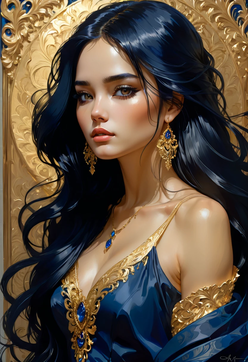 a woman with long black hair in a gold painting, in the style of charlie bowater, dark blue and dark black, michael garmash, comic art, realistic color palette, dark black and beige, soft-focused realism --ar 24:37 --stylize 750 --v 6