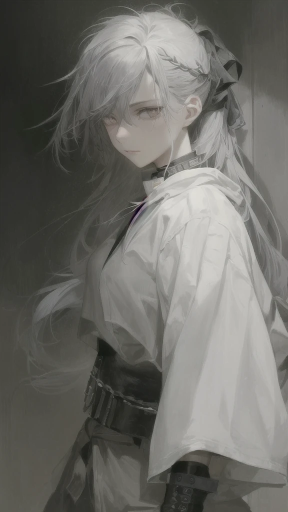 girl with long black hair, with a scar on his eye and a gang outfit, sashes to cover your breasts, baggy cargo pants and a black jacket over your shoulders