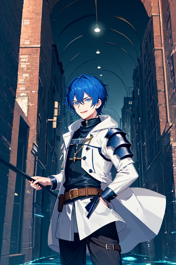 (underground waterway Background), masterpiece, best quality,Illustration, Wallpaper, ultra detail, absurdres, 1man, solo,adult guy, beautiful detailed eyes, cowboy shot, short hair, black knight guy,blue hair, (city background:1.5),( furious),fantasy knight clothes with gold decorations,(adult),(20 years old),smile,detailed background,underground waterway,((dark place)),((dark place)),((dark place)),((dark place)),((Dark underground canals where light does not reach)),((Night Parade)),