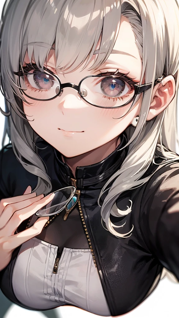 masterpiece, concept art, centered, close up shot, like selfies, head to toe((must)), aschgray haired early 20's Russian girl, steampank fashion, wearing simple eyeglasses, background is mochabrown