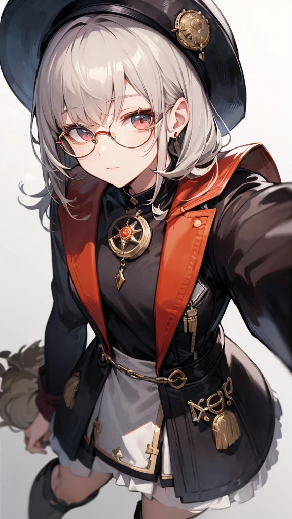 masterpiece, concept art, centered, close up shot, like selfies, head to toe((must)), aschgray haired early 20's Russian girl, steampank fashion, wearing simple eyeglasses, background is mochabrown