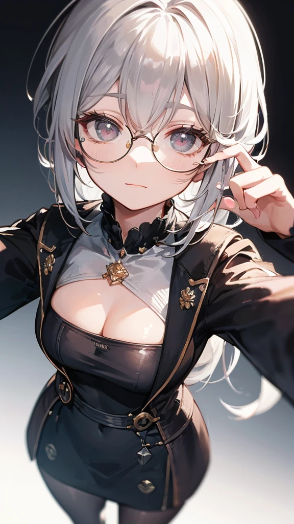 masterpiece, concept art, centered, close up shot, like selfies, head to toe((must)), aschgray haired early 20's Russian girl, steampank fashion, wearing simple eyeglasses, background is mochabrown