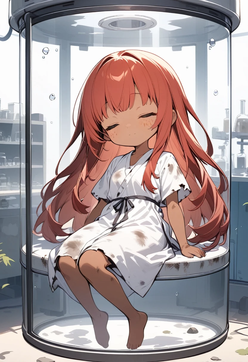 full body,1 girl,Android girl, robot girl, (cute:1.3)long silky hair ,red Hair, tan skin, freckles, {tattered hospital gown, dirty, old },10 old, laboratory, suspended in a glass container, stasis tank,with a serene expression, Sleeping peacefully