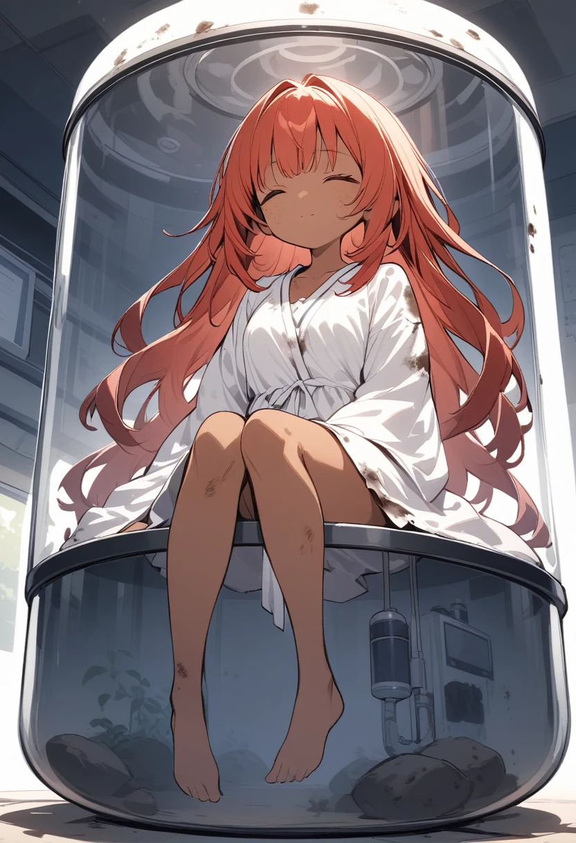 full body,1 girl,Android girl, robot girl,  (cute:1.3)long silky hair ,red Hair, tan skin, freckles, {tattered hospital gown, dirty, old ｝,, laboratory, suspended in a glass container, stasis tank,with a serene expression, Sleeping peacefully