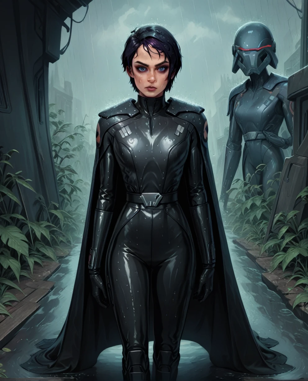 score_9,score_8_up,score_7_up,score_6_up, sabine wren ,,black hair, FULL body, wet, armor,gloves,black bodysuit,black cape,belt,rain, science fiction,sith base, star wars, outdoors, rain, solo,fflixbag wearing armor sabine wren
