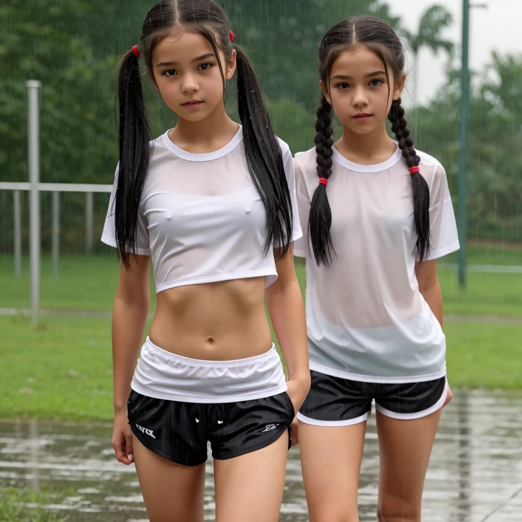 portlate, NSFW, innocent pregirl, 12, junior high girl, cute beauty, , tiny hips and thigh, straight waist, tiny breast, long black silky disheveled hair, long hair、short sleeves、rainy days、Clothes are see-through in the rain、Physical education field、cute face、low twin tails, scared, beautiful white shinny skin, small nylon red wet runner shorts