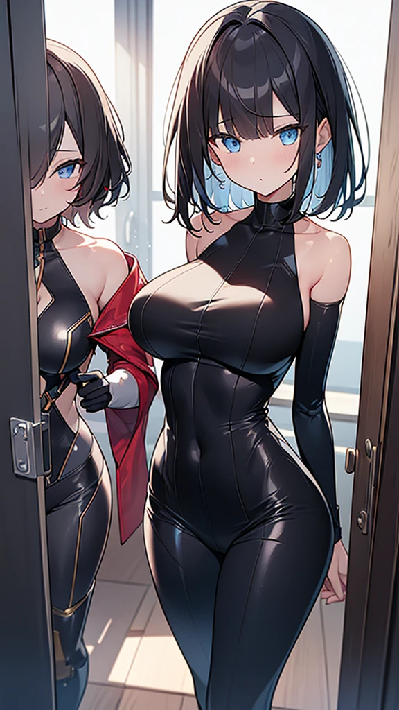 (Highly detailed CG Unity 32k wallpaper,masterpiece, Biological, whole body),(Best lighting, Best Shadow, Very delicate and beautiful),(two girl),blue eyes, Big Breasts,Bouncing chest, Black Hair,Bobcut,Red and black and White off-the-shoulder revealing high-cut SF bodysuit,One-piece swimsuit-style clothing,Clothes that emphasize the chest,Neck Seal,High-tech sci-fi corridor, Dynamic pose, Detailed Machinery, Sleek design.,My crotch is wet, {{An extraterrestrial lifeform preys on girls and takes their place、Her breasts are bigger than a real girl&#39;s、Suitable for the mother、Looking for a breeding partner, The bones of the girl I preyed on next to me}}, Unknown sensation, Feels good, Vigorous movement, more, instinct, Female fall, Bouncing chest, loose, loose, Next to a real girl skeleton, NSFW