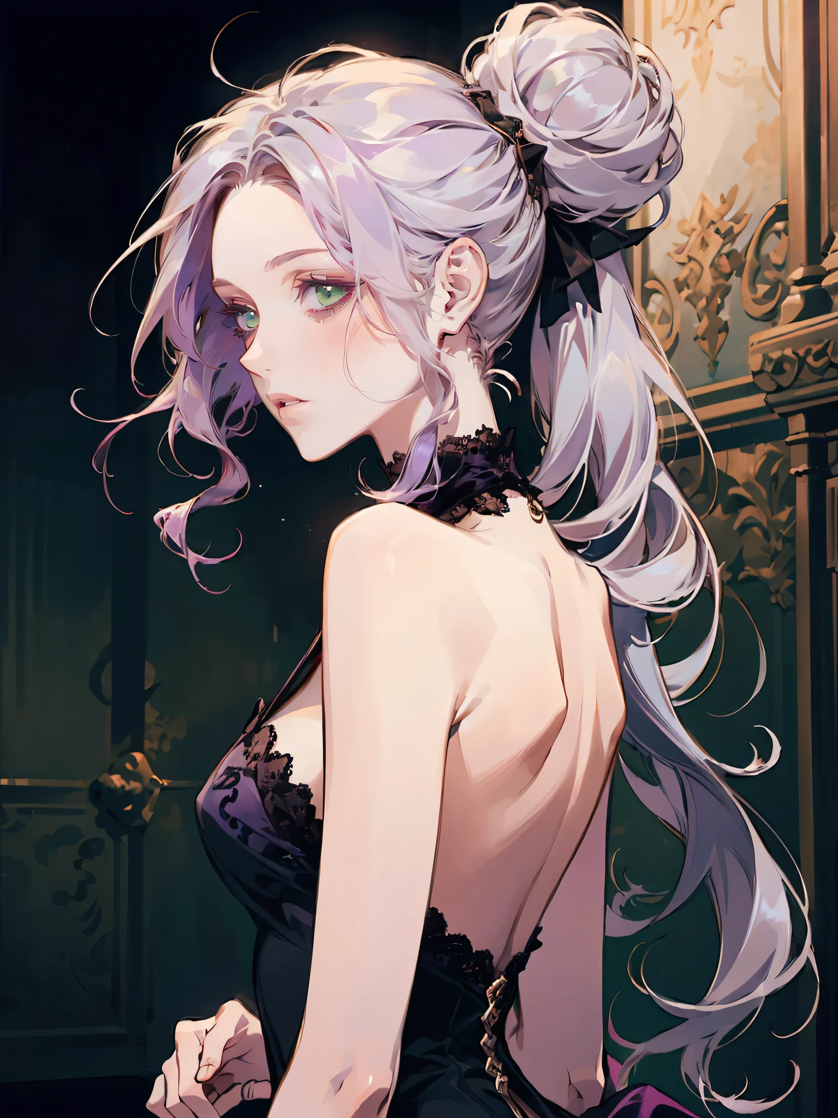 Beautiful, elegant girl with purple hair, green eyes and pale skin. Her hair is long and curly, she has two cute buns on the sides. She's an elf. Elven ears. She has a thoughtful expression on her face. Black background.
