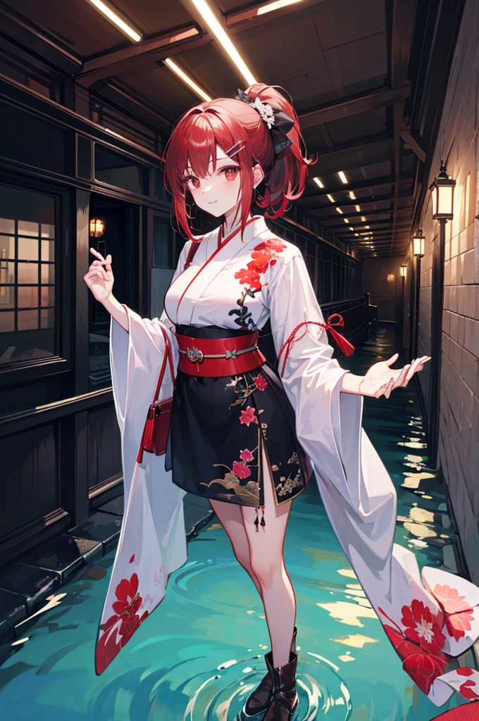 Brunette beauty。High ponytail,red hair clips,short detailed hair,Extremely tall,Wear red and white antique japanese clothes,Valkyrie,Brown belt,Brown boots,Red spear in hand,Standing in the antique courtyard,A bright smile,red pupils,Bare legged,Best quality at best,tmasterpiece,China-style,underground waterway,((dark place)),((dark place)),((dark place)),((dark place)),((Dark underground canals where light does not reach)),((night parade background)),