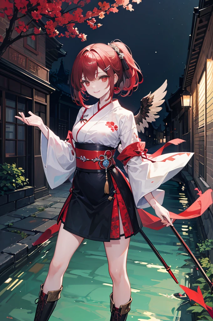 Brunette beauty。High ponytail,red hair clips,short detailed hair,Extremely tall,Wear red and white antique japanese clothes,Valkyrie,Brown belt,Brown boots,Red spear in hand,Standing in the antique courtyard,A bright smile,red pupils,Bare legged,Best quality at best,tmasterpiece,China-style,underground waterway,((dark place)),((dark place)),((dark place)),((dark place)),((Dark underground canals where light does not reach)),((night parade background)),