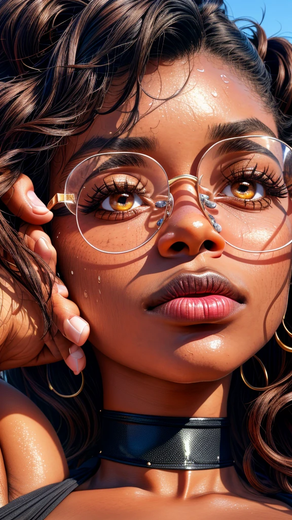dynamic close-up of the upper part of 1 Girl, black, extremely slim and beautiful, perfect body, (well-shaped and delicate face with (piercing gaze)), black skin with highly detailed depth, she is on a sofa, (long hair , slightly messy and shiny wavy brown hair, hair over the eyes), (detailed, large, bright eyes, light brown eyes, curled eyelashes, large glasses), (sensual pouting mouth), wearing a short sweater showing off her shoulders , (she is sweaty (shining with sweat)), ultra-realistic image, perfect symmetry, vibrant and sharp, dynamic vision, high level of detail and definition, 1200 PPI - Photographic resolution with greater color realism, hyper-realistic, High fidelity, cinematic, 4K UHD image resolution.