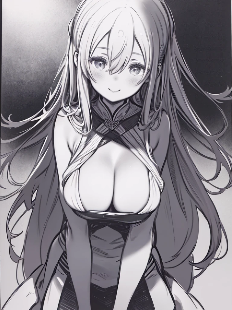 ((Line art、A picture drawn with thick lines))、Black and white painting、monochromatic、Monochrome、Flat Color、One Woman、long hair、Hair between the eyes、((Big Breasts、Huge breasts,))、Smiling、Watching the audience、Angle from the front、Front view、Upper Body、