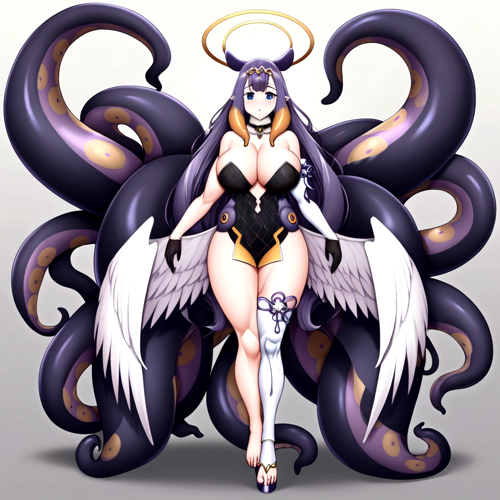 inapriestess, strapless dress, single thighhigh, single detached sleeve, black gloves, low wings, halo, detailed octopus tentacles, mole under eye, extreme muscular body, big breasts, 4 arms, full body.