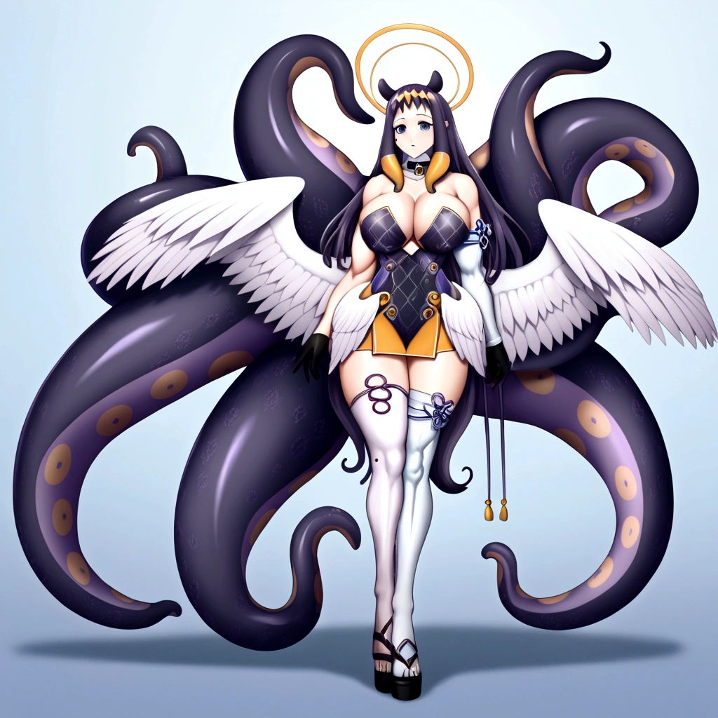 inapriestess, strapless dress, single thighhigh, single detached sleeve, black gloves, low wings, halo, detailed octopus tentacles, mole under eye, extreme muscular body, big breasts, 4 arms, full body.