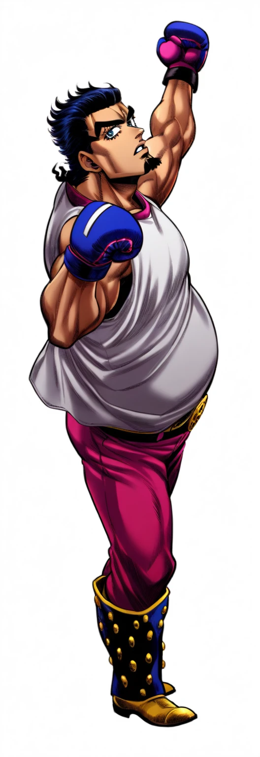 1 boy, jojo, JOJO's Bizarre Adventure, JoJo Standing,a fat man wearing boxing gloves, his right arm points forward and his left arm is raised pointing upwards,looking to the viewer,goatee style beard,Hirohiko Araki's style,zentangle elements,rendering,rich colors,Cast colorful spells,intricate details,Highest composition,perfect composition,An illustration,cool,Highest,Highest Cool,anatomically correct,structurally correct,draw with thick lines,characteristic