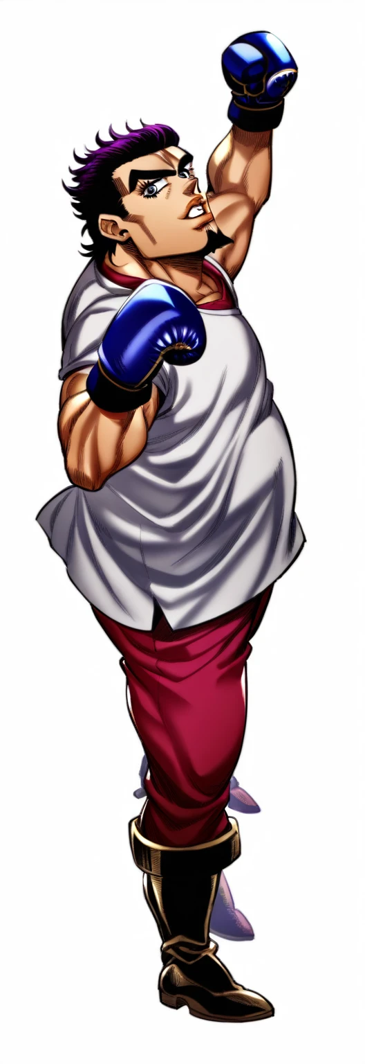 1 boy, jojo, JOJO's Bizarre Adventure, JoJo Standing,a fat man wearing boxing gloves, his right arm points forward and his left arm is raised pointing upwards,looking to the viewer,goatee style beard,Hirohiko Araki's style,zentangle elements,rendering,rich colors,Cast colorful spells,intricate details,Highest composition,perfect composition,An illustration,cool,Highest,Highest Cool,anatomically correct,structurally correct,draw with thick lines,characteristic