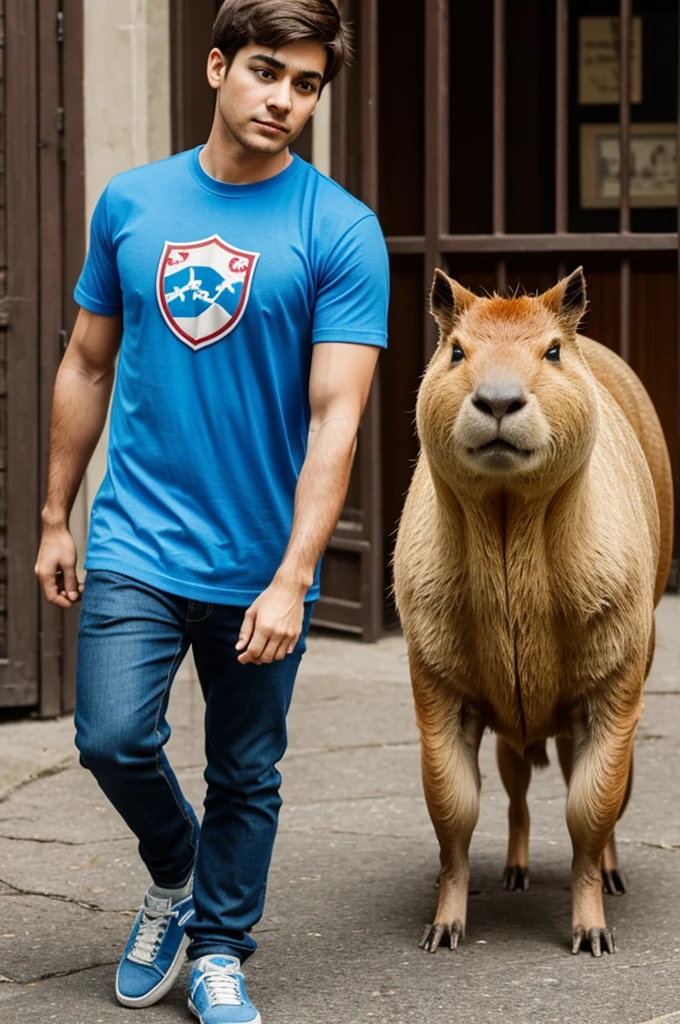 I want an animated capybara that is on two legs , with a blue t-shirt with a shield that says okay friend