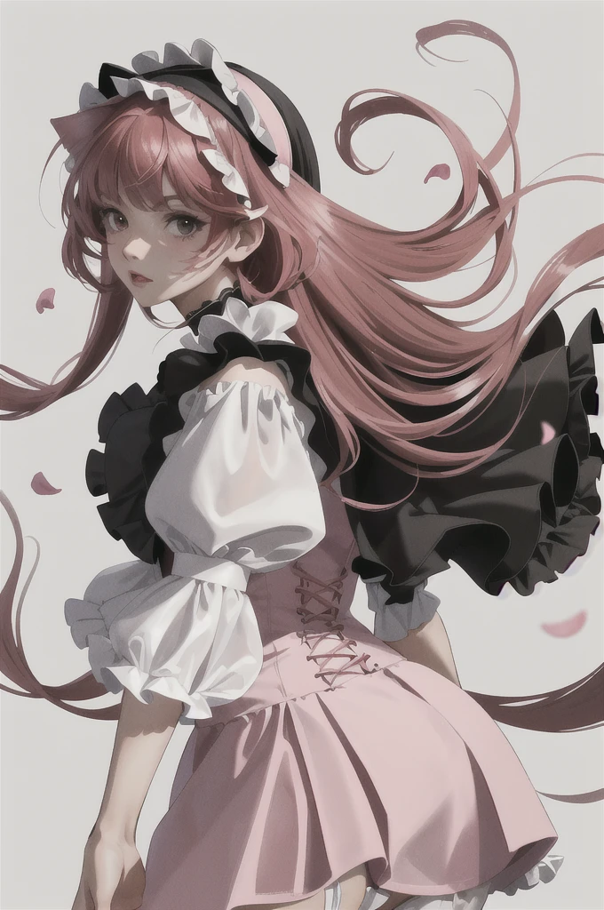 absurdres, best quality, 1girl, solo, looking at viewer, eye focus,  LucoaDM, CasualCL, pink lolita dress,straight red hair,straight bangs,lolita bonnet,pout,petals,brown skin,white background,black outline