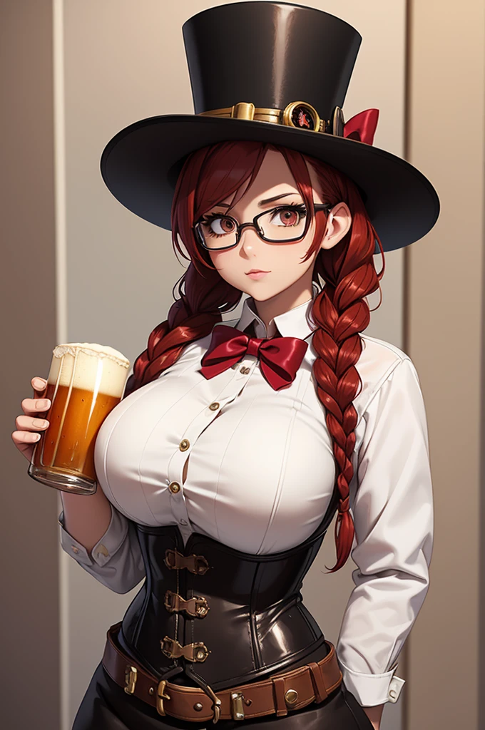 steampunk, underbust corset, breasts, 1 woman, top hat, leather, red hair, pigtails, goggles, brown hat, half rim glasses, curvy, braids, dominatress, black lace, white shirt, button down shirt, saloon, beer mug