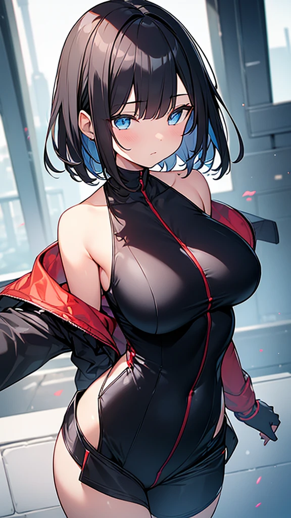 (Highly detailed CG Unity 32k wallpaper,masterpiece, Biological, whole body),(Best lighting, Best Shadow, Very delicate and beautiful),(ONE girl),blue eyes, Big Breasts,Bouncing chest, Black Hair,Bobcut,Red and black and White off-the-shoulder revealing high-cut SF bodysuit,One-piece swimsuit-style clothing,Clothes that emphasize the chest,Neck Seal,High-tech sci-fi corridor, Dynamic pose, Detailed Machinery, Sleek design.,My crotch is wet, {{An extraterrestrial lifeform preys on girls and takes their place、Her breasts are bigger than a real girl's、Suitable for the mother、Looking for a breeding partner, The bones of the girl I preyed on next to me}}, Unknown sensation, Feels good, Vigorous movement, more, instinct, Female fall, Bouncing chest, loose, loose, Next to a real girl skeleton, NSFW