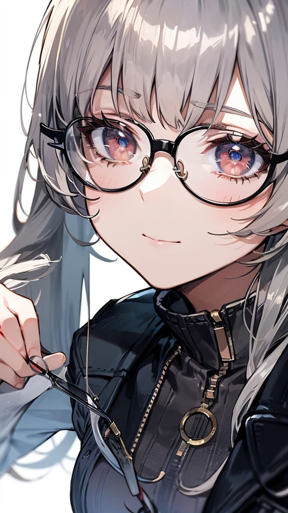 masterpiece, concept art, centered, close up shot, head to toe((must)), aschgray haired early 20's Russian girl, cyberpunk fashion, wearing simple eyeglasses, background is mochabrown