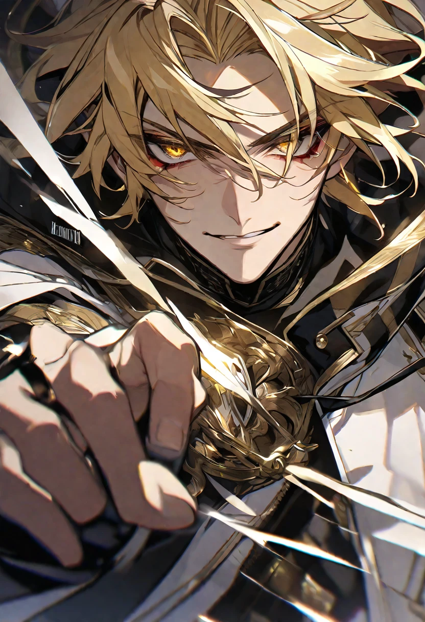 Solo, 1 male, blonde hair, gold eyes, black and white coat