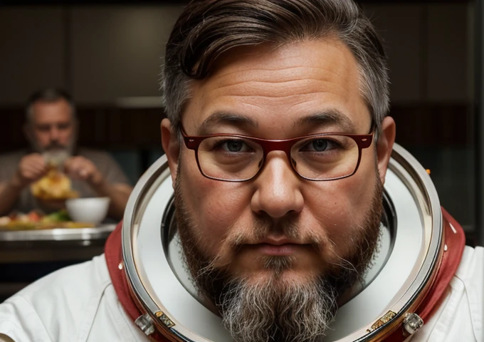 looking directly at camera lens, one close to face, best quality, highres, hires, skin definition, detailed skin, detailed deep caring eyes, detailed face, (Caucasian:1.5), lifelike, 4k, 8k, (photorealistic:1.5), realistic, uhd, a tall, ((short flowing 4 inch salt and pepper beard and hair)), wearing a cloak. The style of the image is fantastical and epic, with an air of wisdom and power emanating from the character. 😙 Wearing transparent red prescription glasses,(((He is very chubby and is having a meal in the cafeteria with other Astronauts))), Inside the spacecraft.