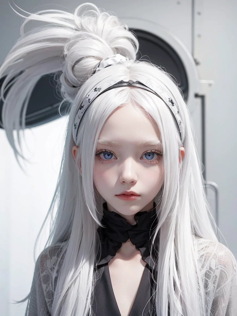 albino girl , gray pupils , long white hair with a headband 