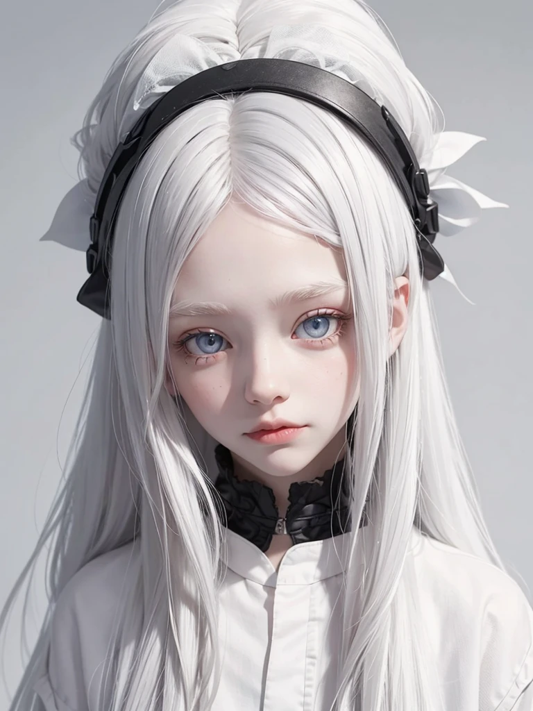 albino girl , gray pupils , long white hair with a headband
